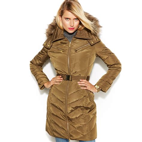 michael kors hooded faux fur trim quilted belted puffer coat|Michael Kors quilted fur coat.